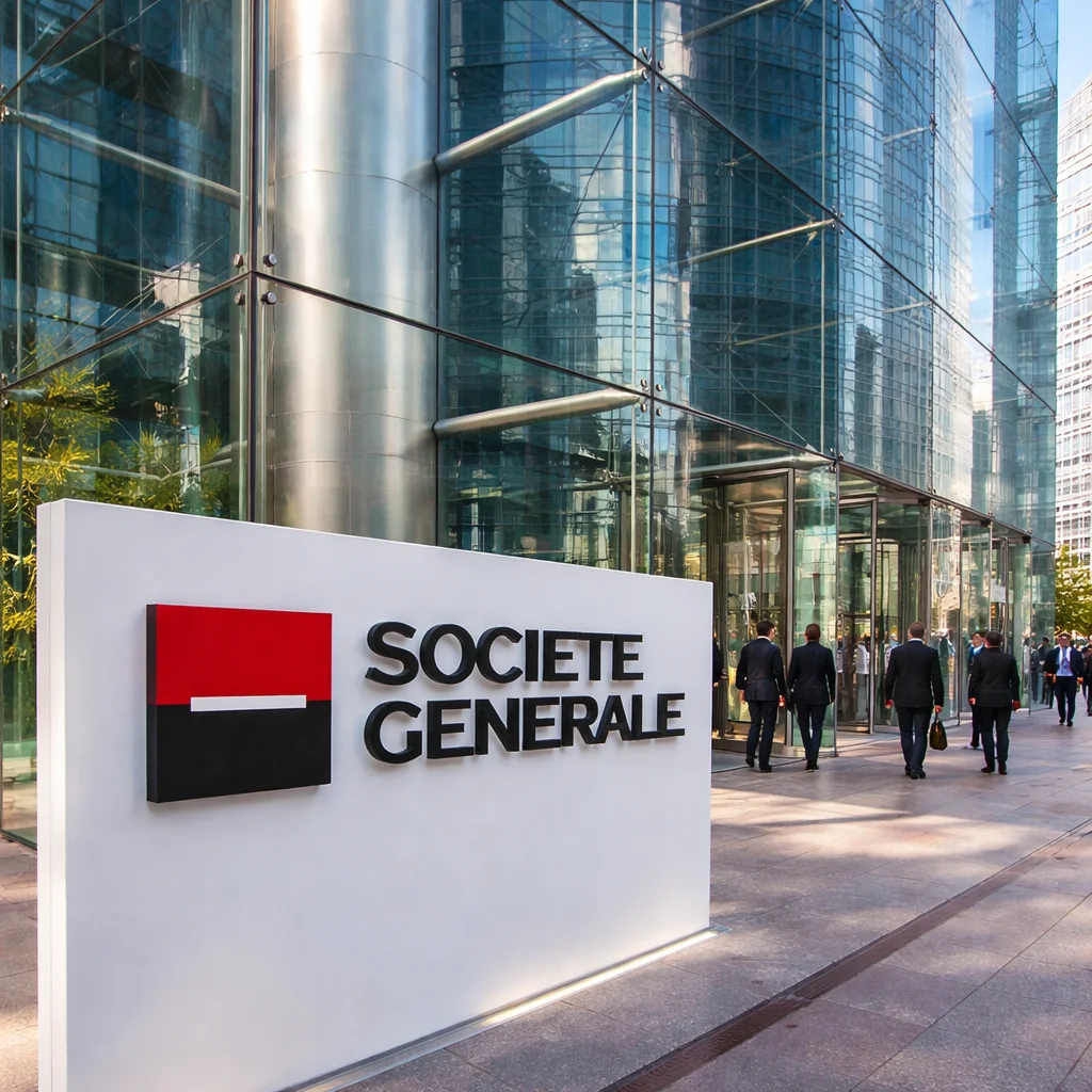 شعار بنك سوسيتيه جنرال وخدماته المصرفية الرقمية المتنوعة.